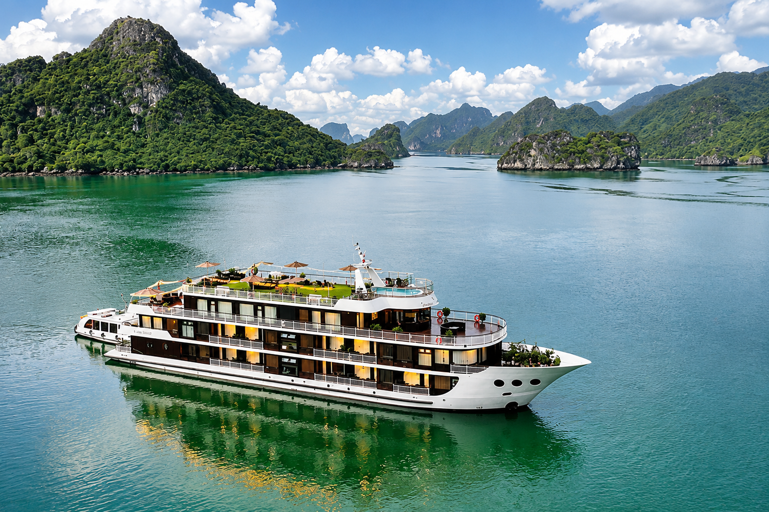 Luxury cruise sailing through Ha Long Bay, Vietnam